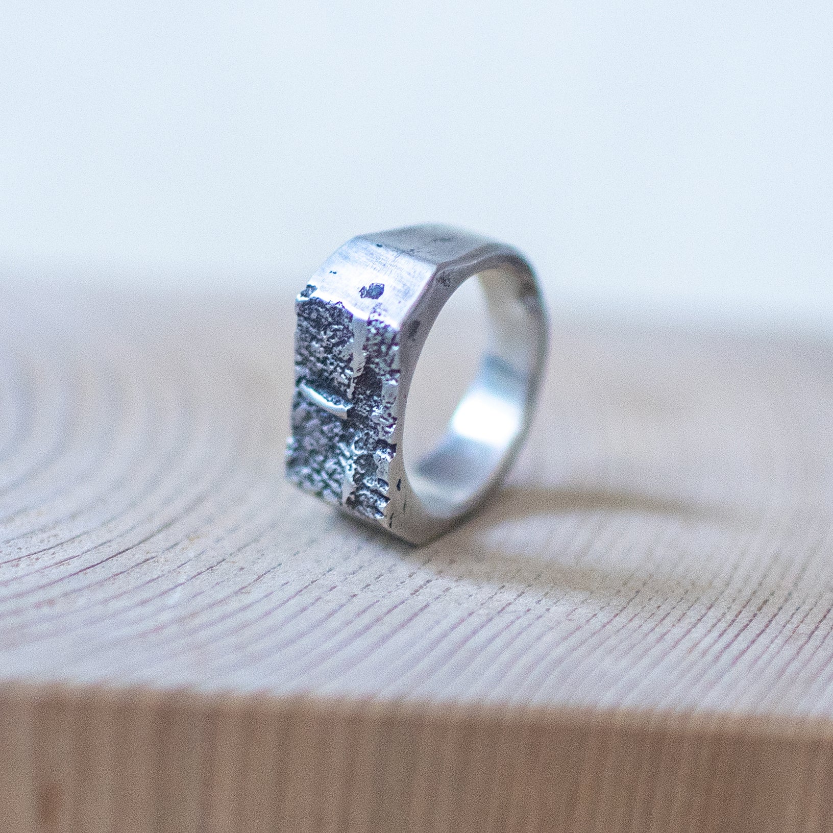 Concrete Crown ring – handmade sterling silver band size 8.5 with raw textured surface and squared profile, unisex artisan statement jewelry