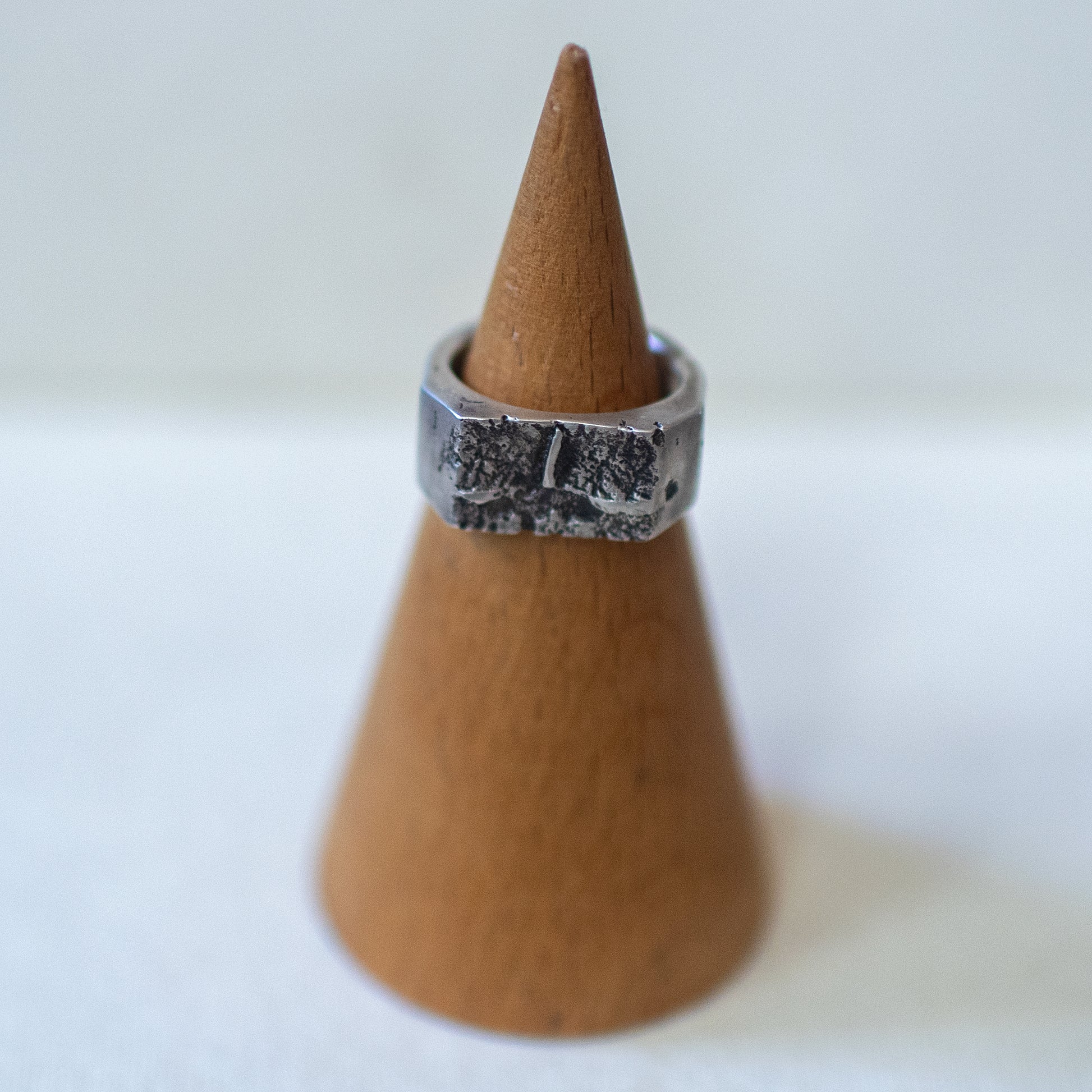 Concrete Crown ring – handmade sterling silver band size 8.5 with raw textured surface and squared profile, unisex artisan statement jewelry