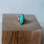 Sonnet ring size 5.25 featuring an elongated Royston turquoise cabochon with blue and green streaks set in sterling silver, handmade jewelry