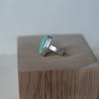 Sonnet ring size 5.25 featuring an elongated Royston turquoise cabochon with blue and green streaks set in sterling silver, handmade jewelry