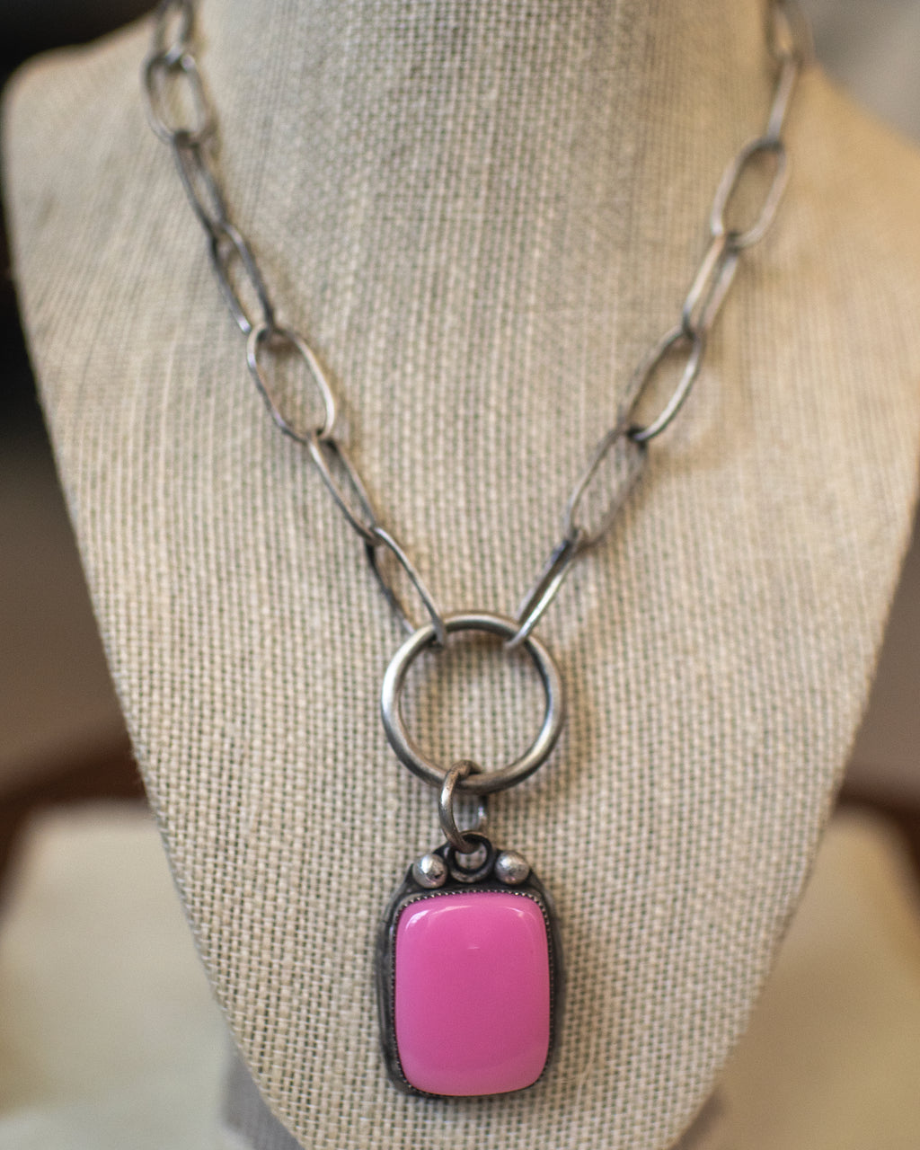 sterling silver necklace with a pink rosarita  pendant 