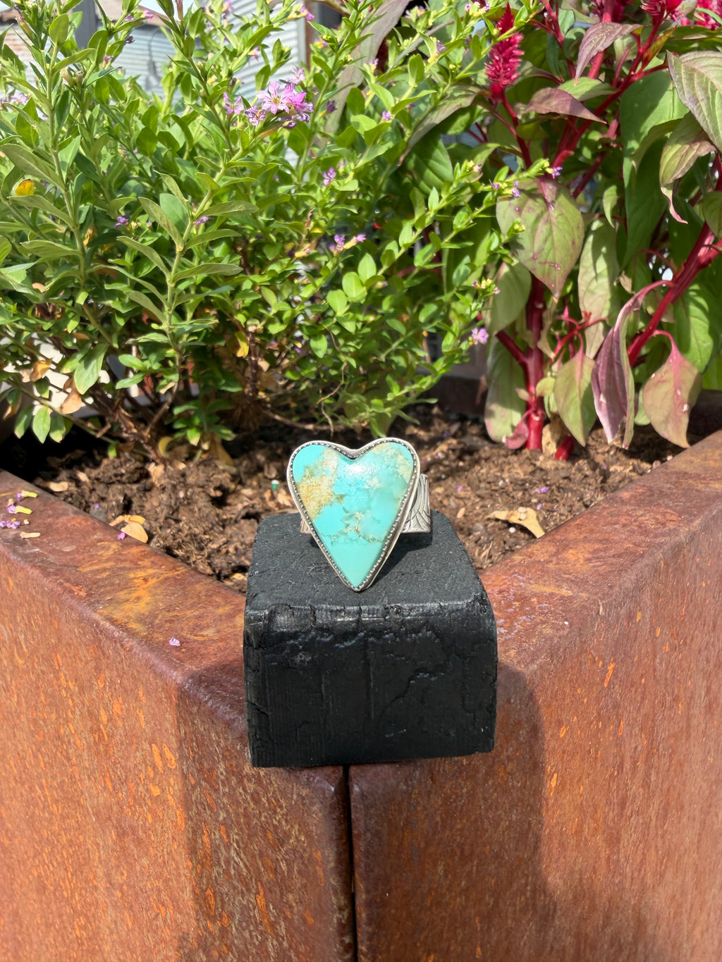 Wild Blue heart-shaped Dry Creek turquoise ring in sterling silver, size 9