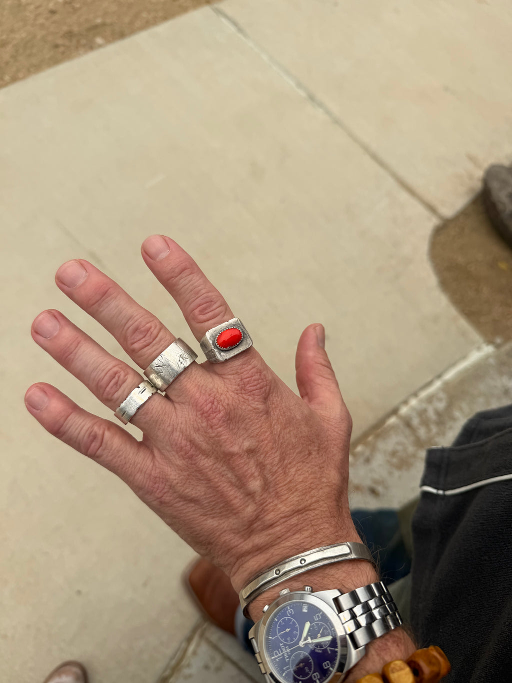 Chunky sterling silver ring with fiery red oval rosarita cabochon, size 10.75, handmade with textured rugged setting