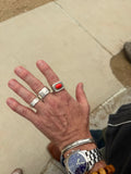 Chunky sterling silver ring with fiery red oval rosarita cabochon, size 10.75, handmade with textured rugged setting