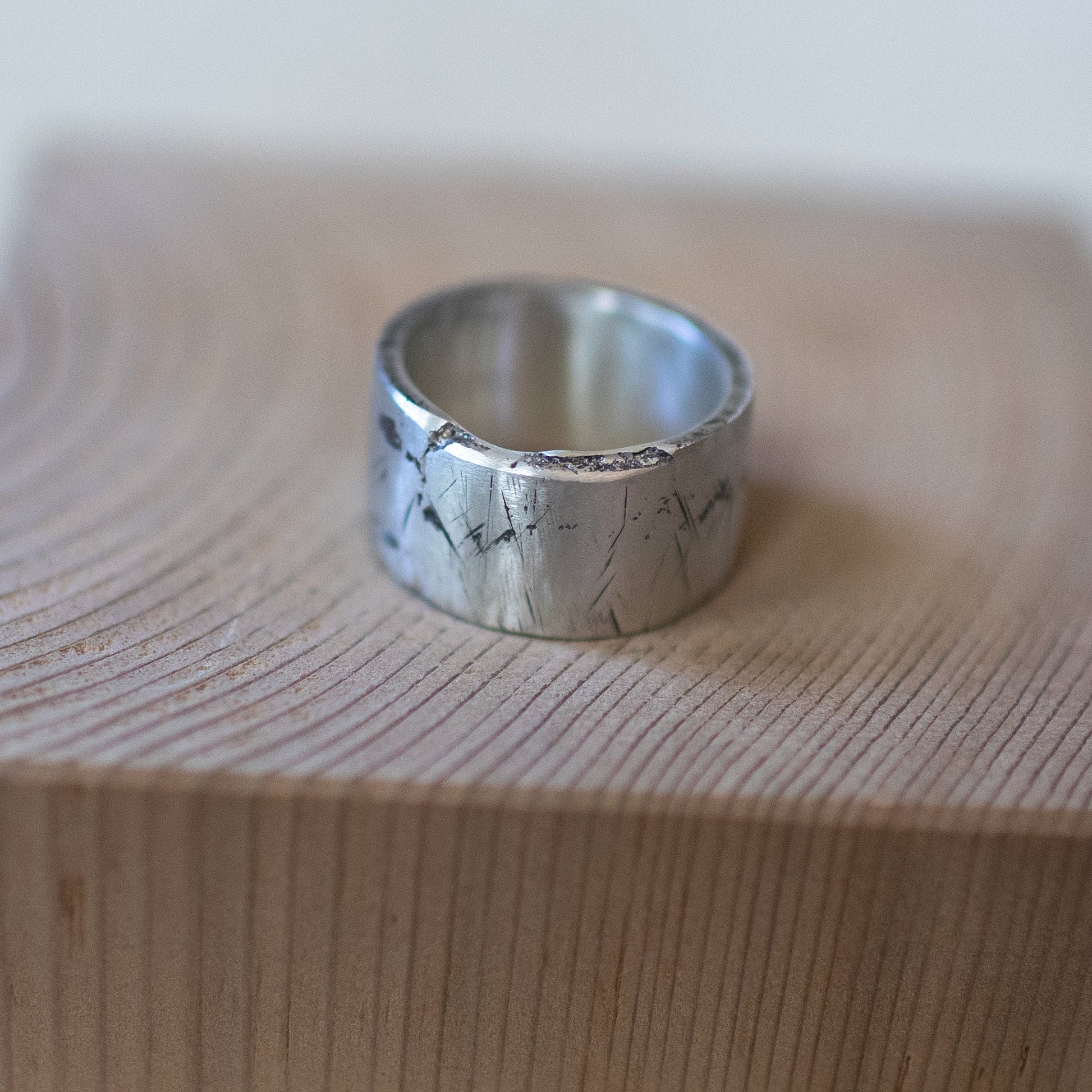 Valhalla ring – handcrafted sterling silver wide band size 10.5 with distressed scratched surface, unisex artisan jewelry inspired by Norse strength