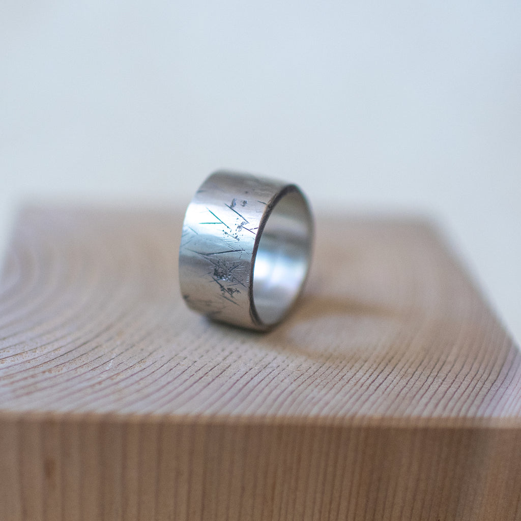 Valhalla ring – handcrafted sterling silver wide band size 10.5 with distressed scratched surface, unisex artisan jewelry inspired by Norse strength