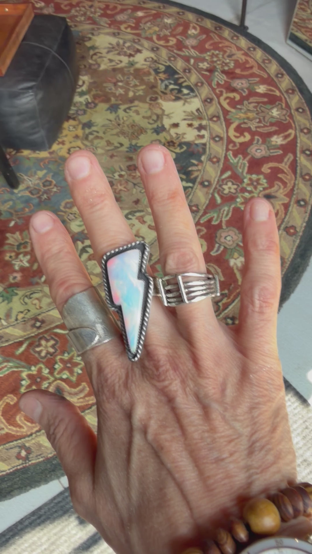 Surreal handmade ring featuring Aurora Opal stone, size 7.25, by Hotel Ugly Metal