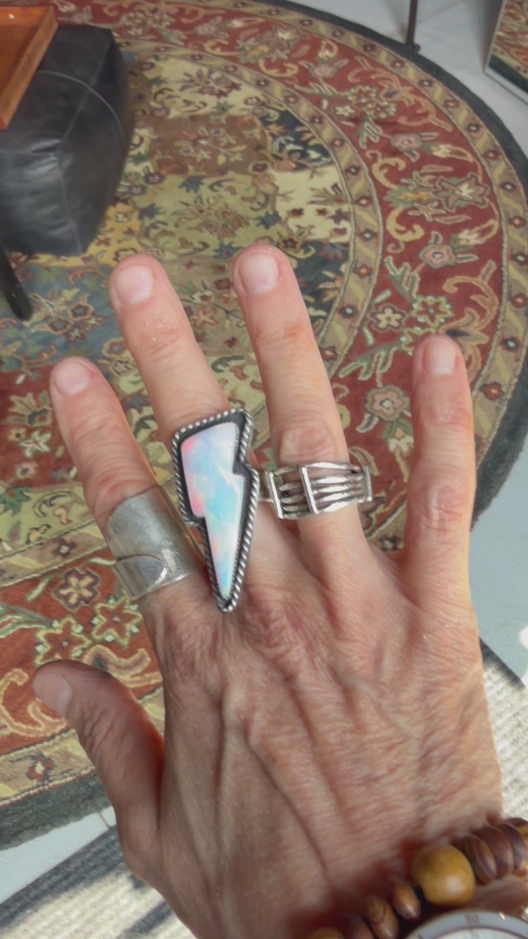 Surreal handmade ring featuring Aurora Opal stone, size 7.25, by Hotel Ugly Metal