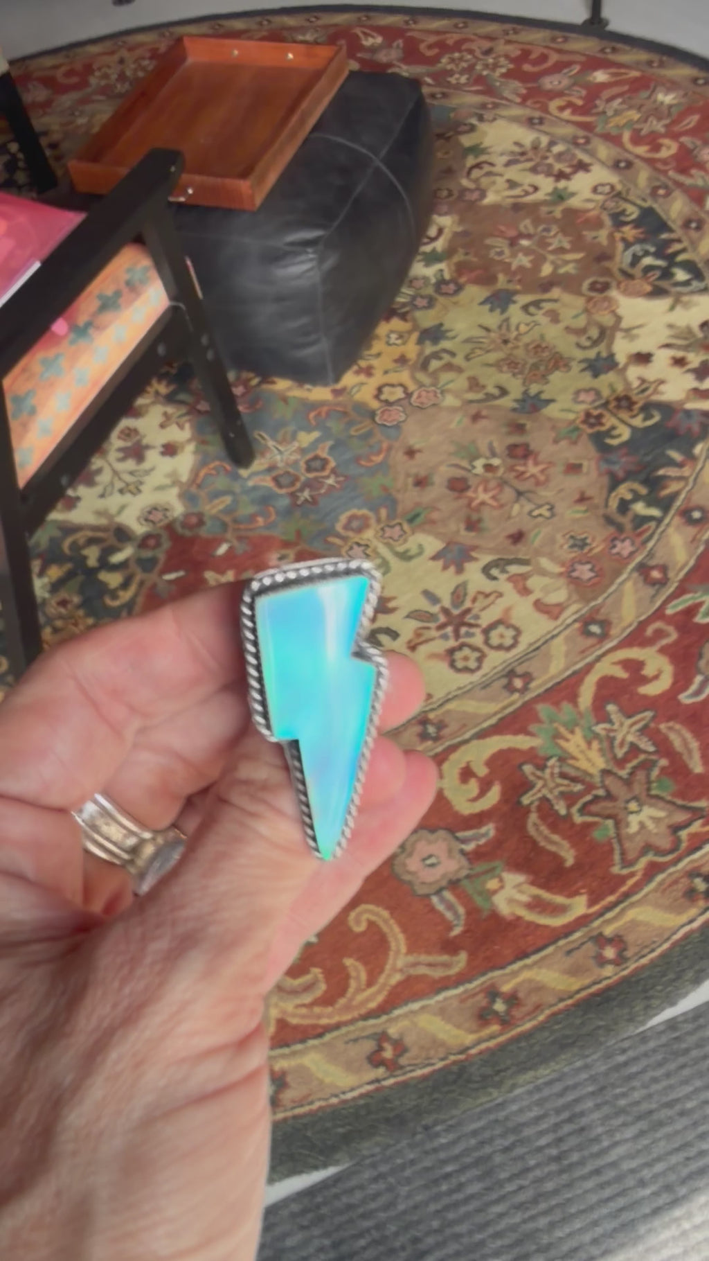Wave ring size 7 featuring a glowing Aurora Opal stone set in handcrafted silver