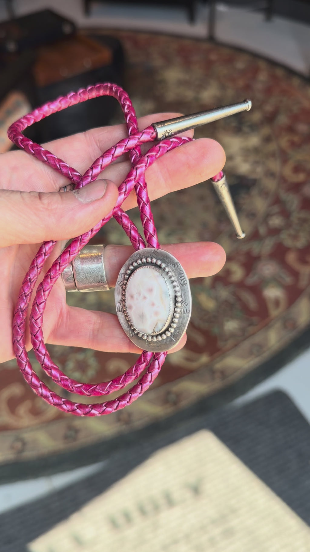 Lover bolo tie with thick sterling silver and Giraffe Tongue Jasper stone with braided leather tie