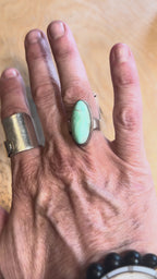 Sonnet ring size 5.25 featuring an elongated Royston turquoise cabochon with blue and green streaks set in sterling silver, handmade jewelry